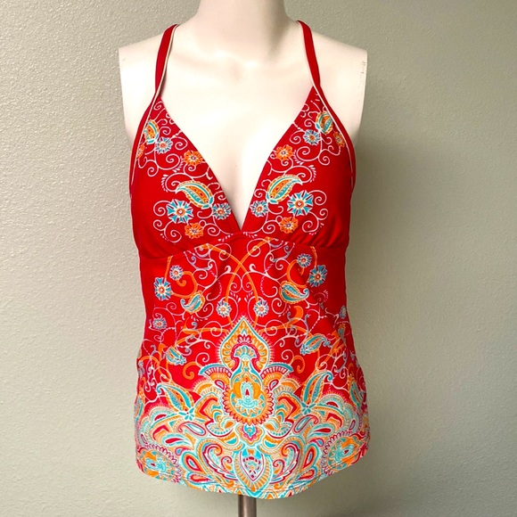 Athleta Offshore Racerback Tankini Top Swimsuit Red Paisley Top Only Size M - Picture 1 of 11